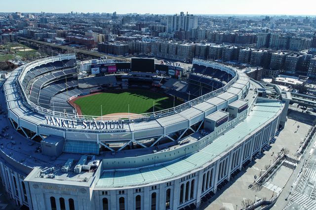 An empty Yankee Stadium can be seen in an aerial photograph from March 2020